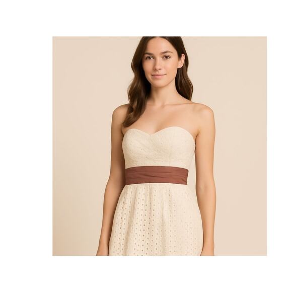 New with tags Ryu Eyelet Lace Strapless Dress Cream Brown Waist Detail M Cotton - Picture 1 of 16